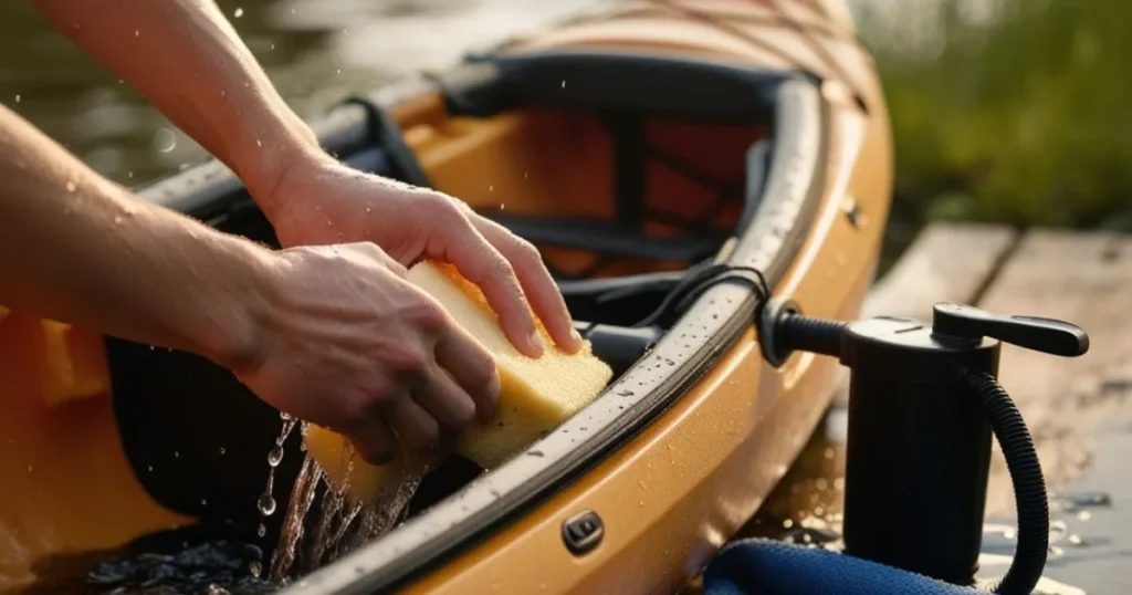 A person cleaning after that his  kayak has water inside 