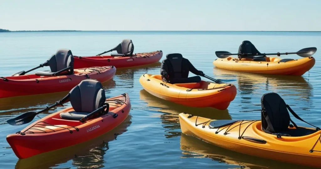 An array of different kayak types on a calm, sunny day. Include a sit-on-top kayak, a sit-in kayak, an inflatable kayak, and a tandem kayak with a 350-pound weight capacity.