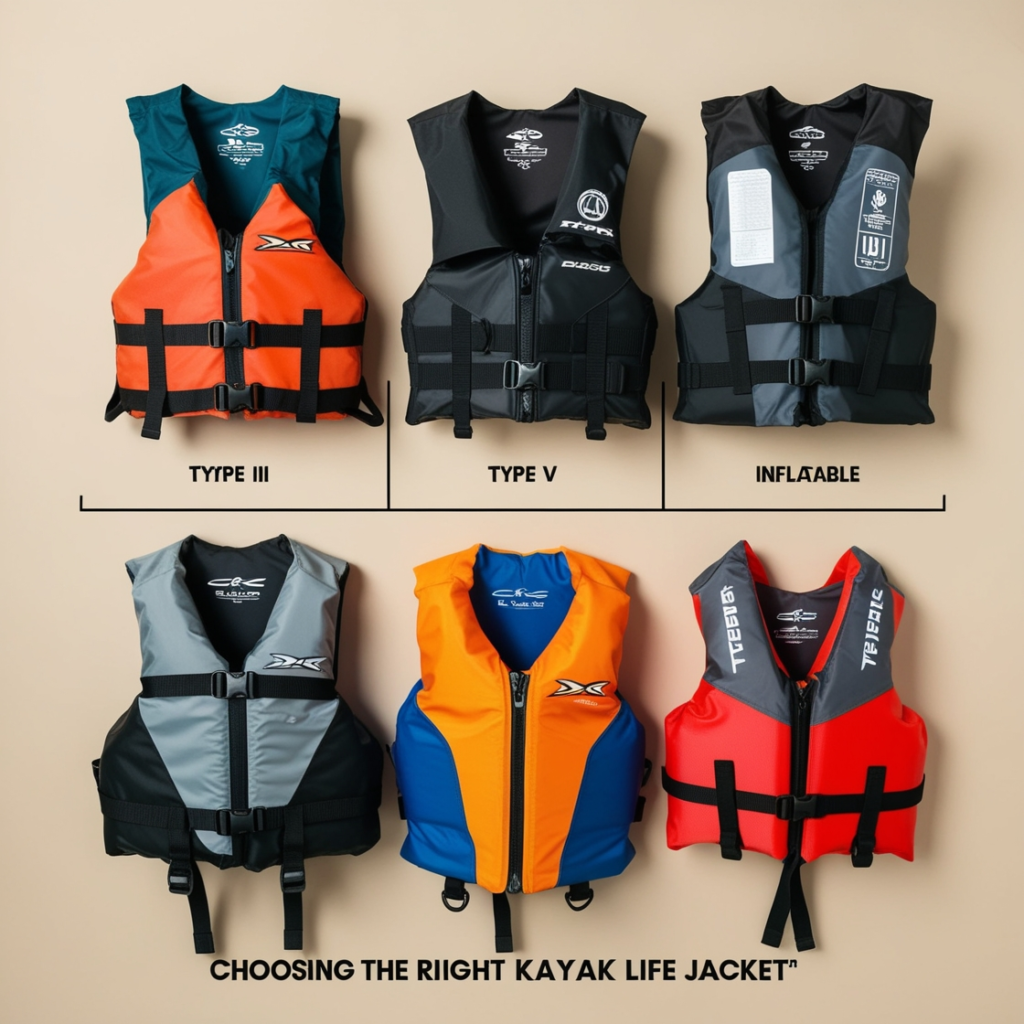 do you have to wear life jackets in a kayak ? Choosing the Right Kayak Life Jacket" section, before the comparison table Prompt: "An overhead flatlay showing different types of kayaking life jackets (Type III, Type V, and Inflatable