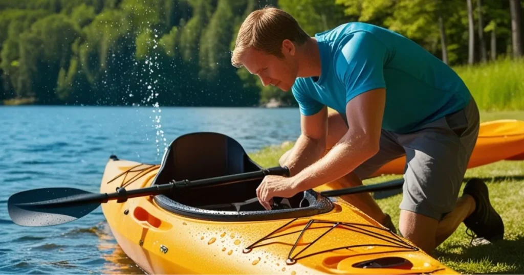 a guy fixing a kayak has water inside