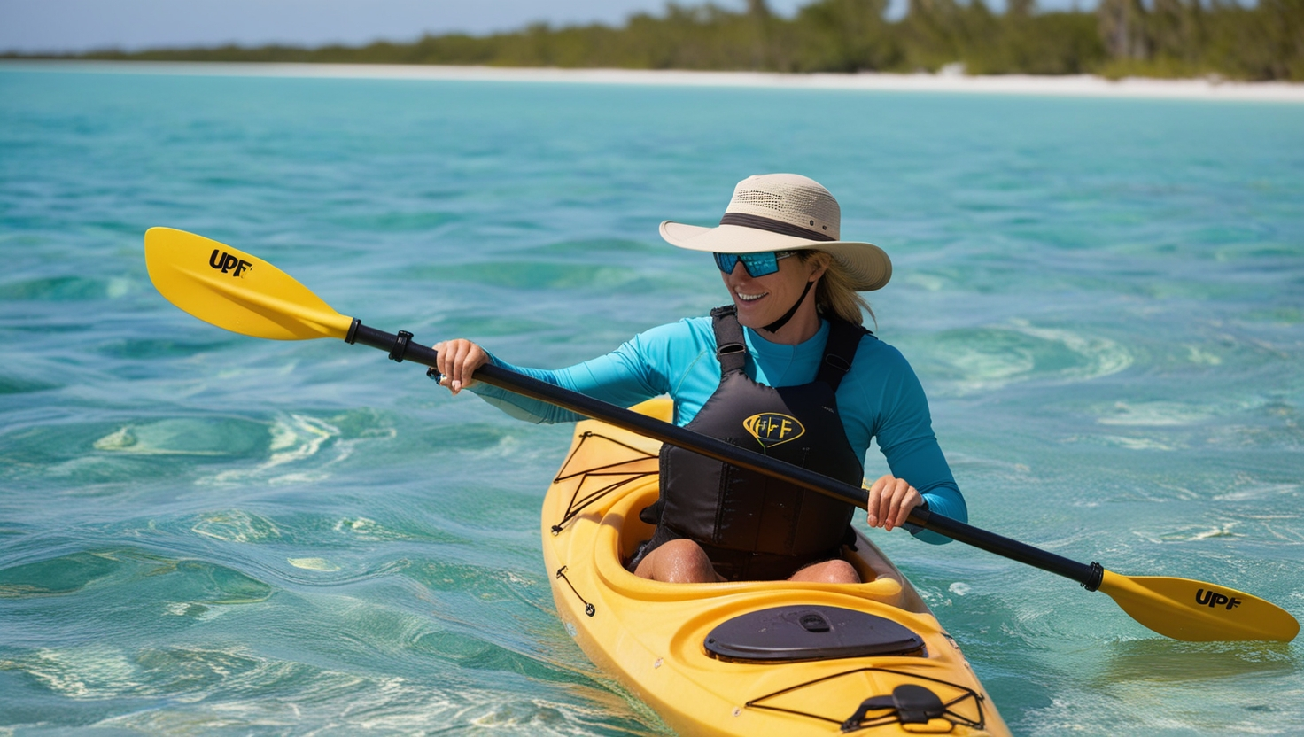 what to wear kayaking in florida - kayaker demonstrating proper sun protection gear and essential safety equipment on clear Florida waters