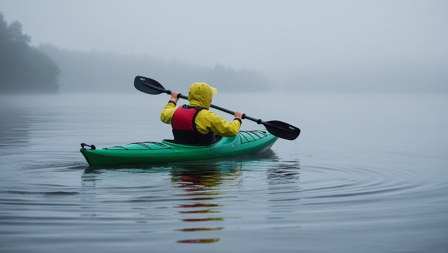 A_solo_kayaker_paddling_on_a_misty_lake_kayaking in the rain