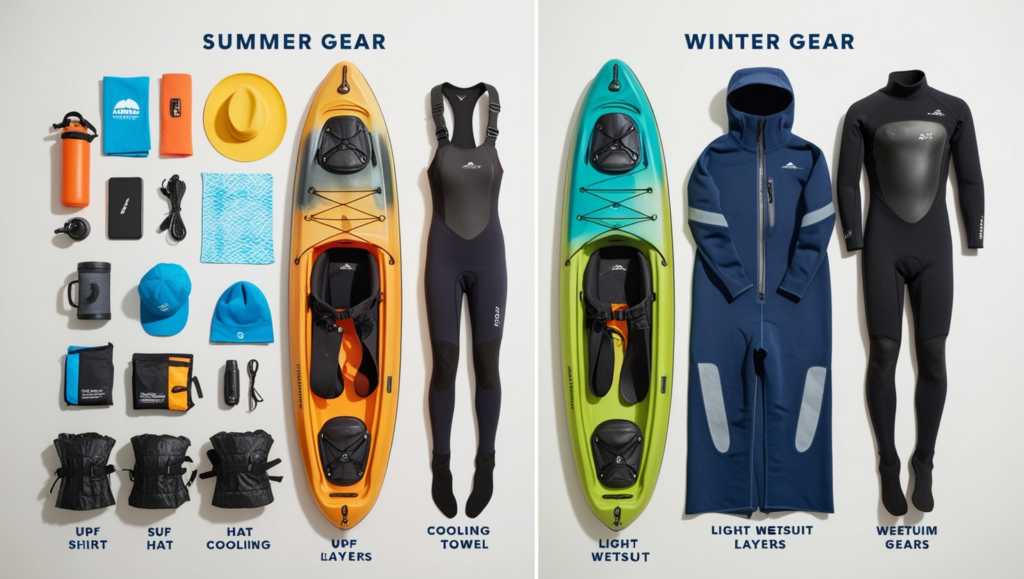 what to wear kayaking in florida seasonal guide - comprehensive layout of summer and winter kayaking gear including UPF clothing, wetsuit, and layering options