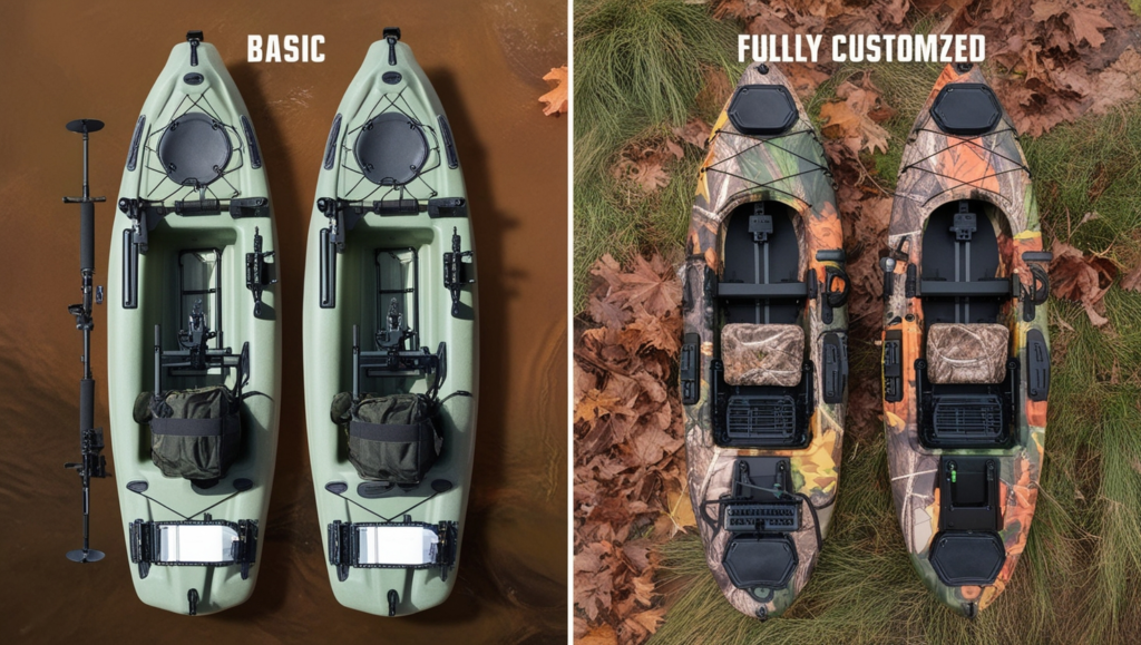 comparison of a basic vs fully customized duck hunting kayak