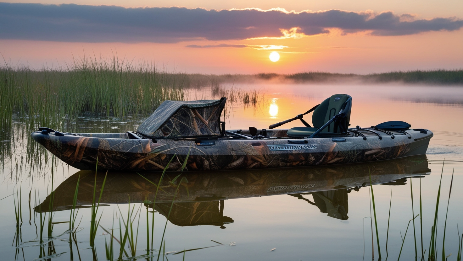 Best hunting kayak equipped with waterfowl hunting gear at sunrise