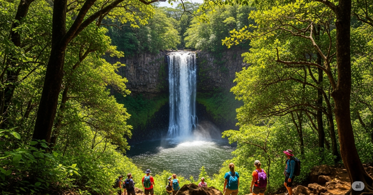 A breathtaking photo-realistic view of Waimea Falls in Oahu