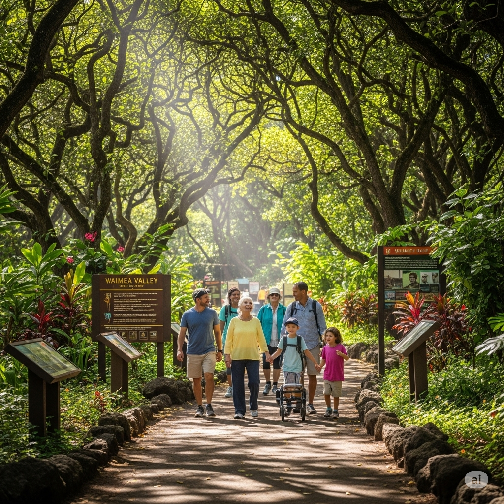 A detailed photo-realistic image of a family hiking along the paved trail at Waimea Valley